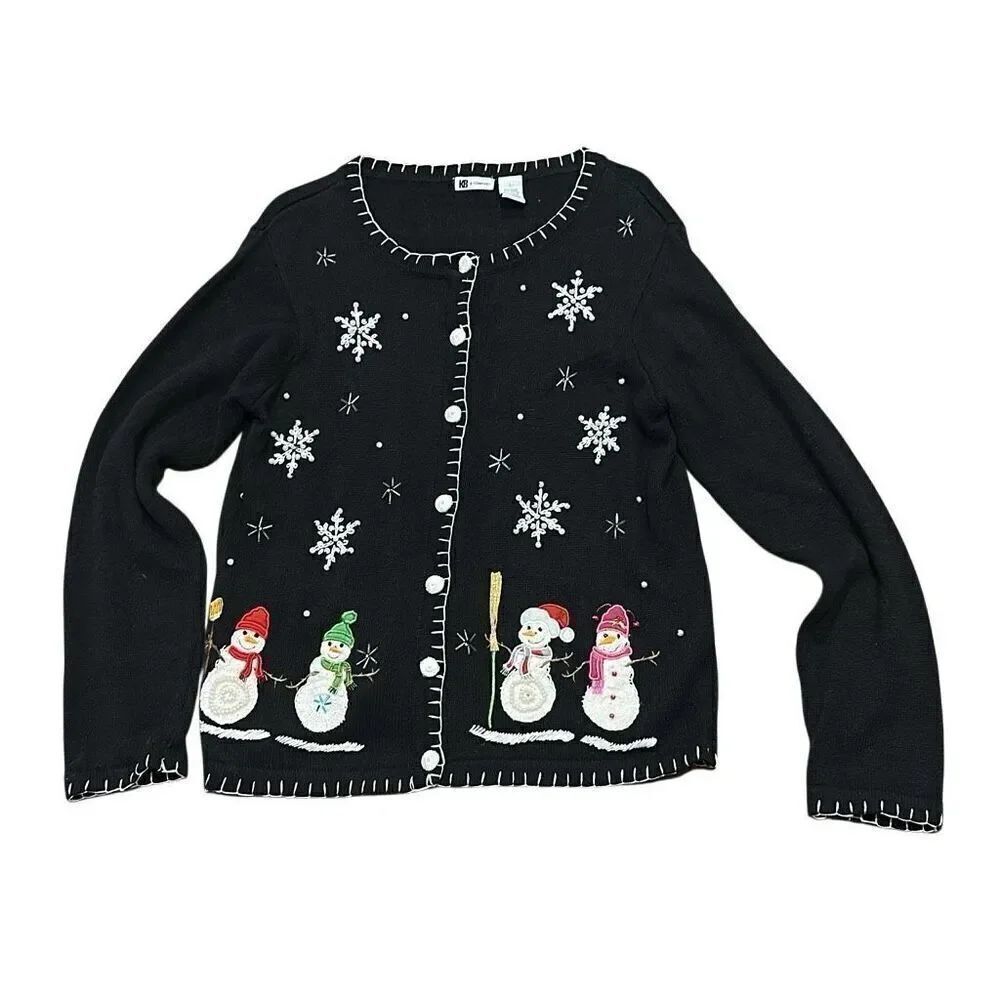 KB & Company snowman holiday black cardigan sweater L